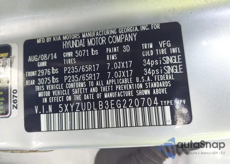 2014 Hyundai Santa Fe Sport 2.4L z USA, uszkodzony, nr VIN 5XYZUDLB3EG220704